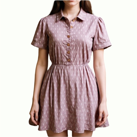 Chic Mauve Feminine Button-Up Mini Dress with gathered waist - Picture 3 of 5